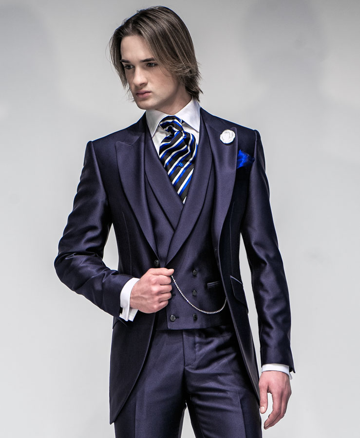 Mens Vested Shawl Lapel Tuxedo With Satin Trim in Sapphire Blue