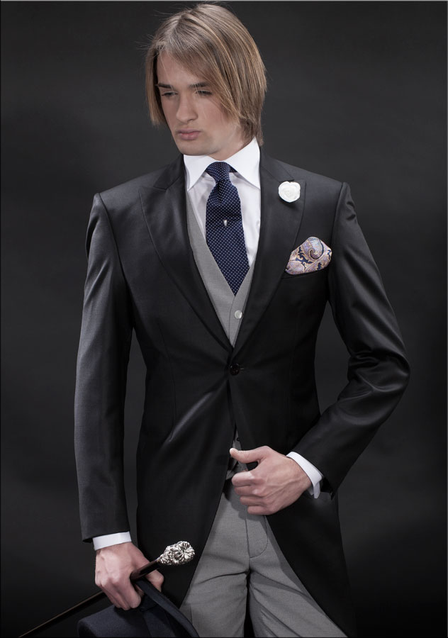 Morning Dress Jacket in Pure Wool Satin with grey waistcoat