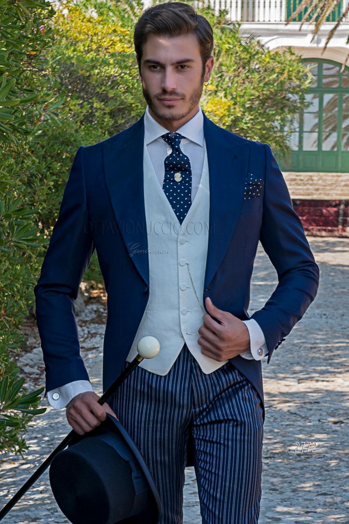 Blue tailored fit morning coat with blue striped morning suit pants -  Ottavio Nuccio Gala