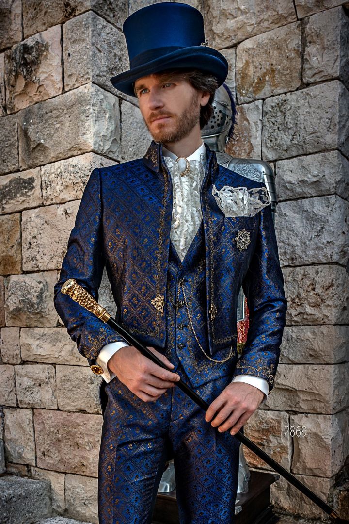 Costume de luxe queue de pie brocart baroque bleu avec broderie dorée -  Ottavio Nuccio Gala