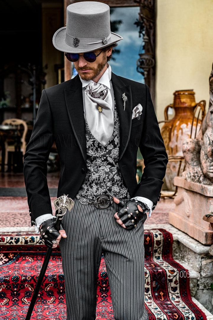 Steampunk gothic fashion suit, black frock coat with grey striped pants -  Ottavio Nuccio Gala