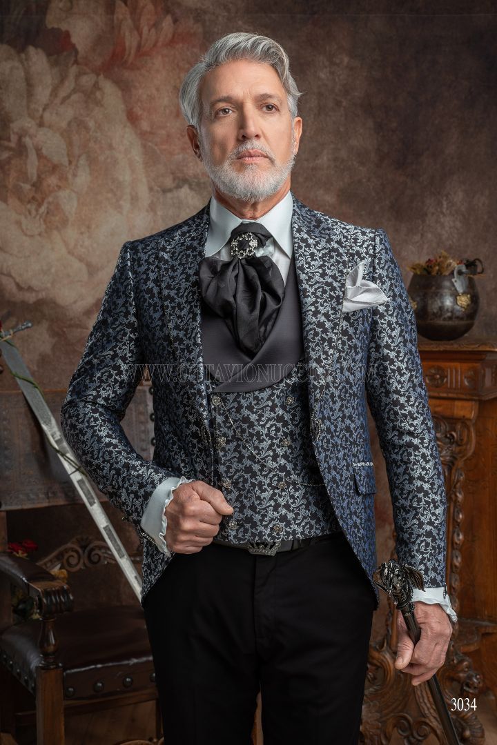 Groom frock coat suit in silver black brocade fabric and rhinestones - Ottavio  Nuccio Gala