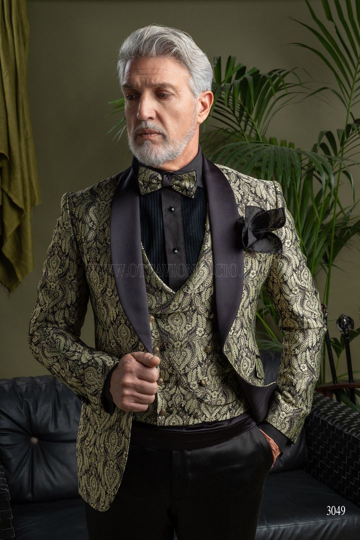 Luxury Italian wedding suit in black brocade fabric - Ottavio