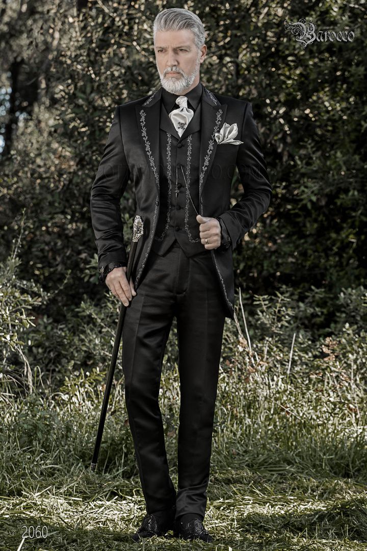 Black satin italian luxury wedding suit with silver embroidery - Ottavio  Nuccio Gala
