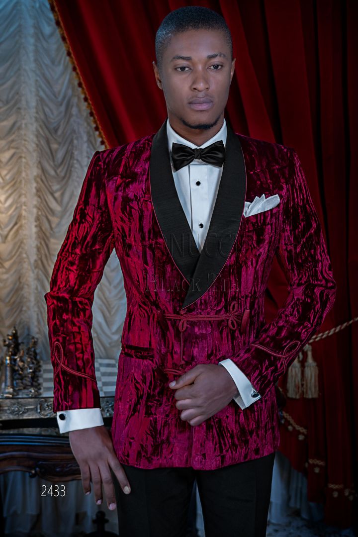 Aristocratic red velvet tuxedo blazer with matching waistcoat and black  pants - Ottavio Nuccio Gala