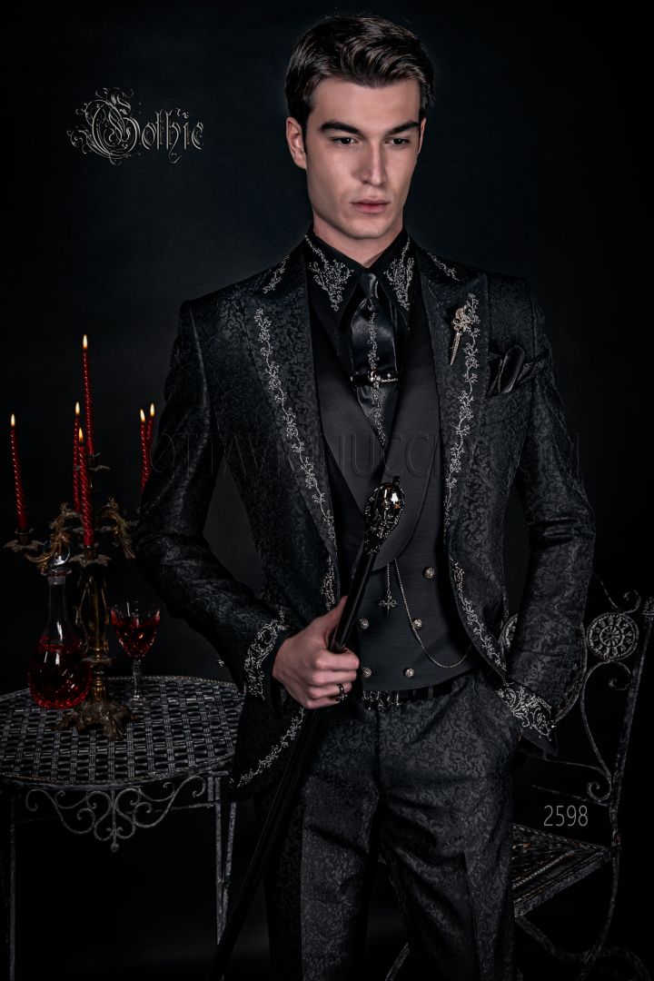 Luxury brocade gothic black groom suit with silver embroidery - Ottavio ...