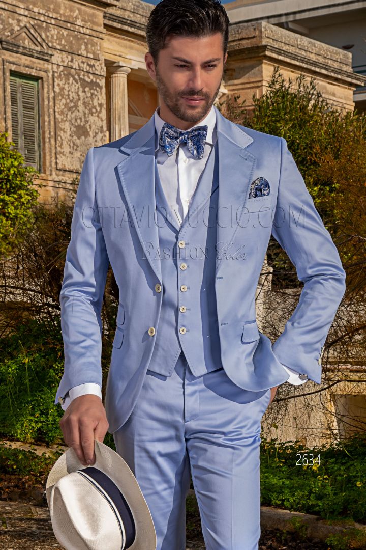 Luxury bespoke italian groom suit in sky blue satin cotton - Ottavio ...