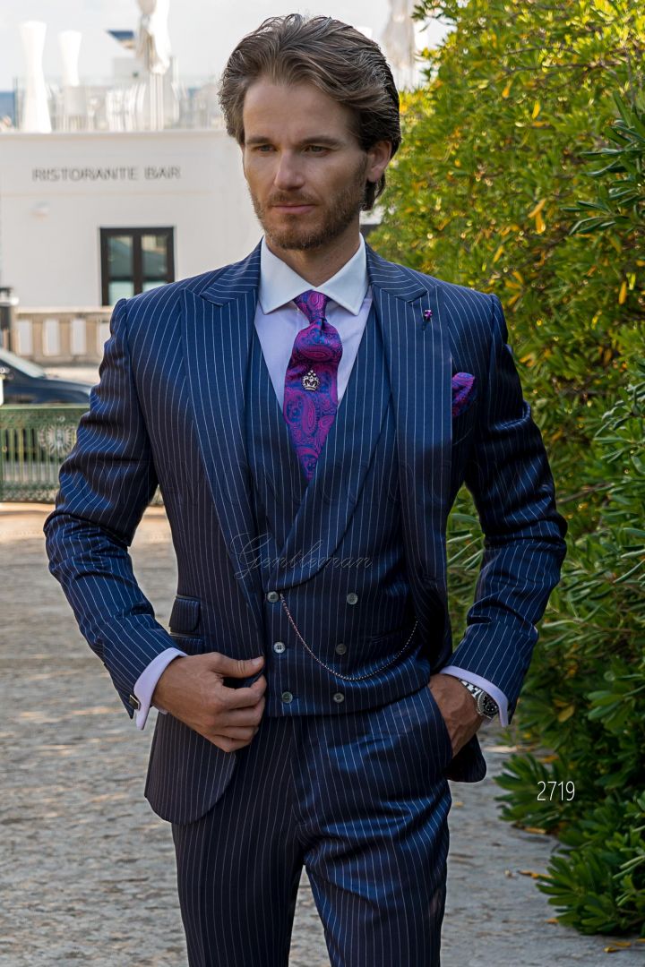 Tailored pinstripe royal blue Italian peaked lapels 3 piece suit ...
