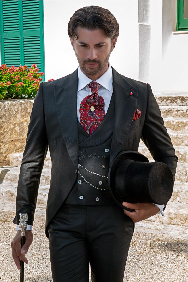 Costume homme moderne noir à fines rayures rouges, gilet croisé et châle -  Ottavio Nuccio Gala