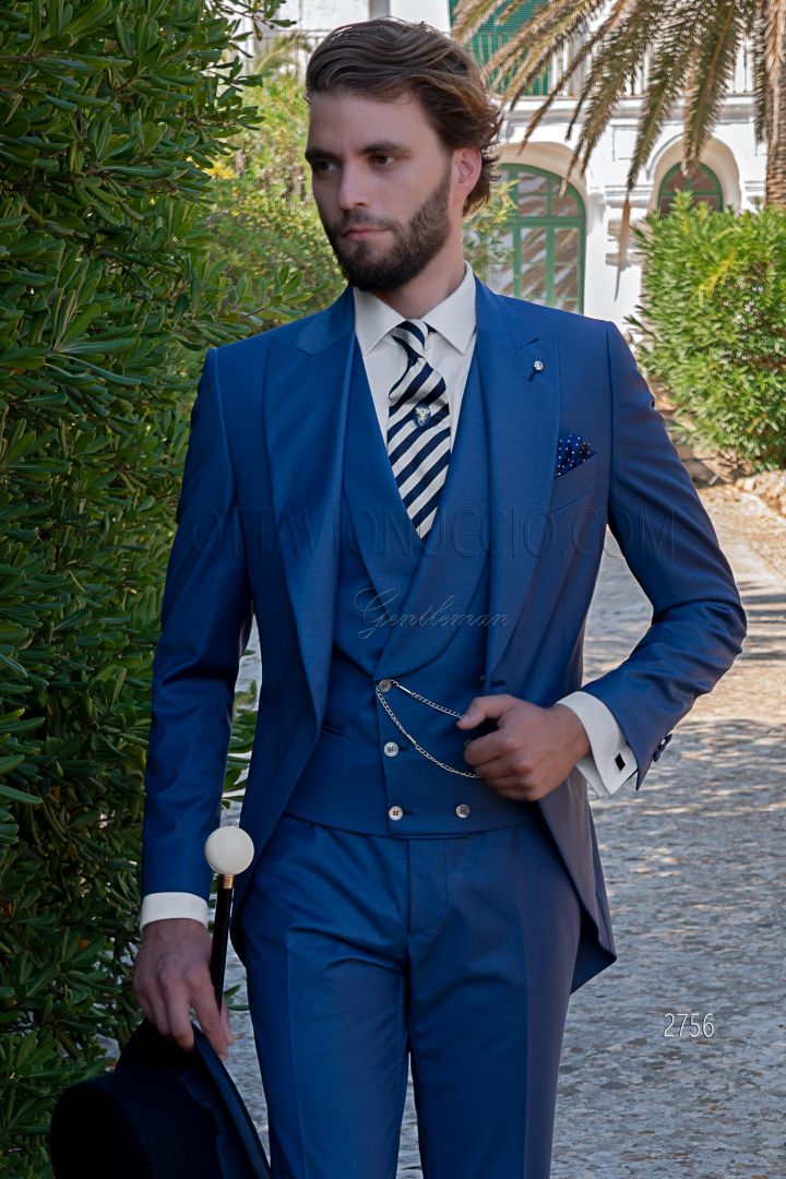 Costume jaquette moderne bleu royal et gilet croisé col châle - Ottavio  Nuccio Gala