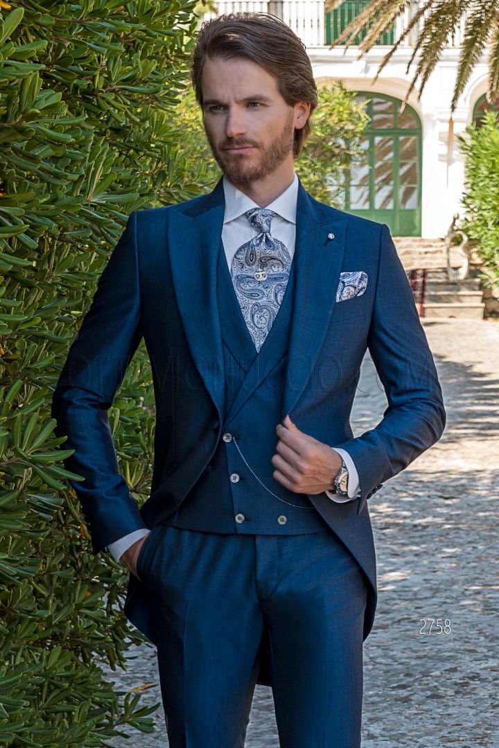 Royal blue mohair wool alpaca wedding morning suit - Ottavio