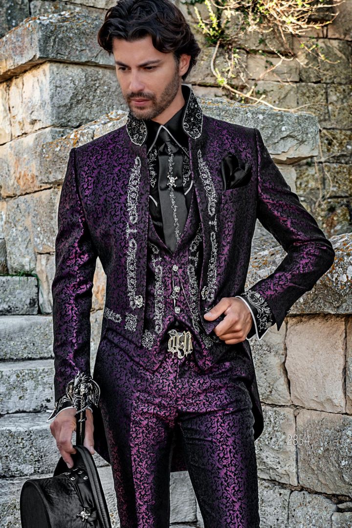 Gothic purple brocade tailcoat with silver dragon embroidery for