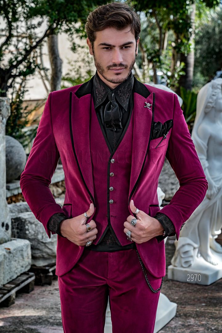 Gothic fashion slim fit burgundy luxury velvet suit for men - Ottavio  Nuccio Gala