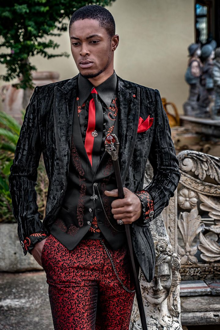 Aristocratic black velvet party blazer with red brocade trousers