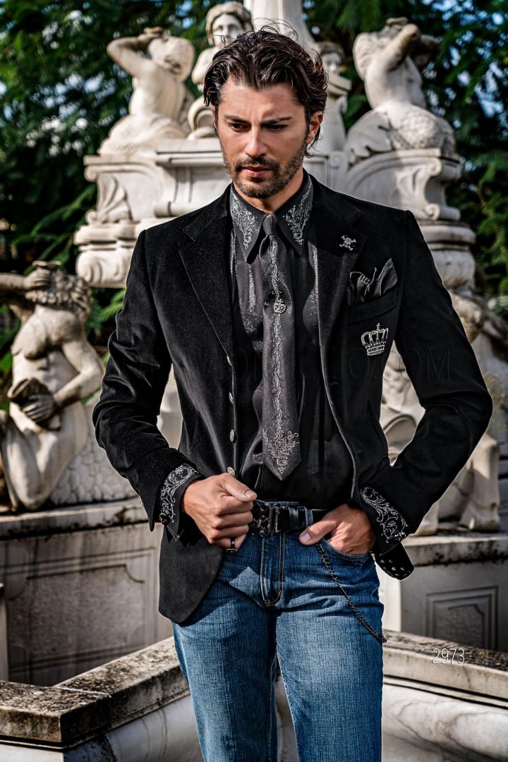 Giacca uomo elegante in velluto nero con ricamo corona argento - Ottavio  Nuccio Gala