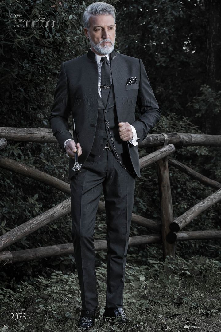 Black mandarin collar italian hipster suit in blend wool - Ottavio
