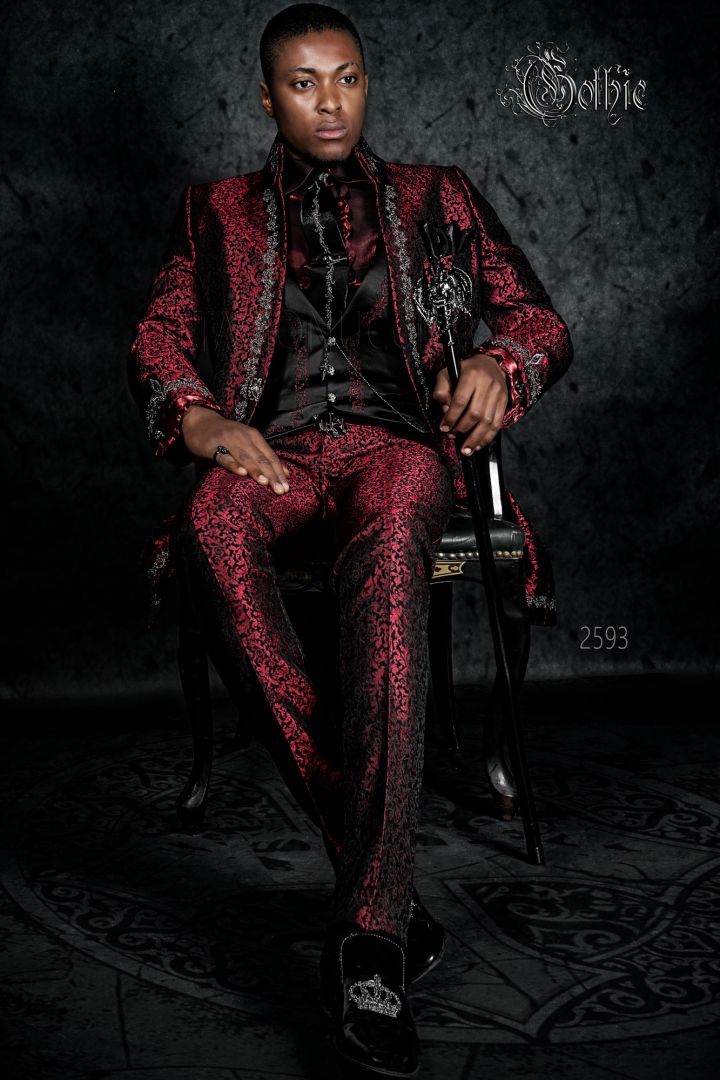 Red brocade italian groom suit with black silver gothic embroidery