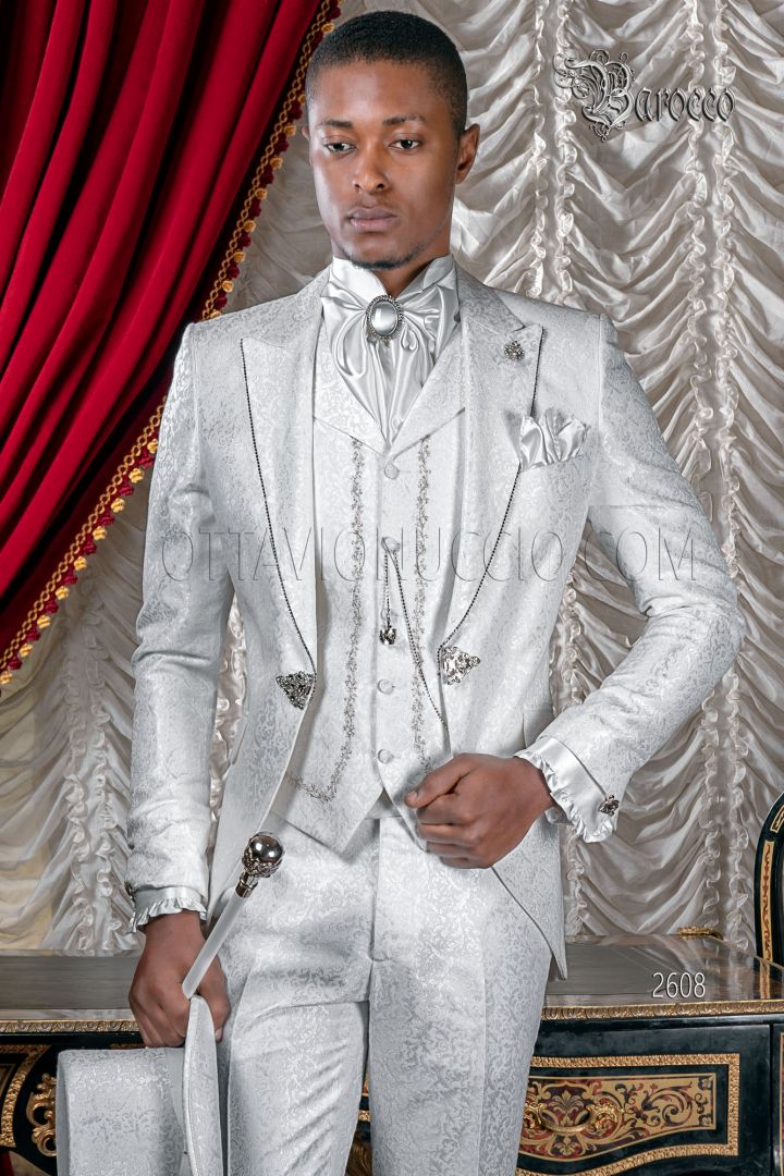 Italian baroque gray pearl damask groom suit with top hat and cane ...