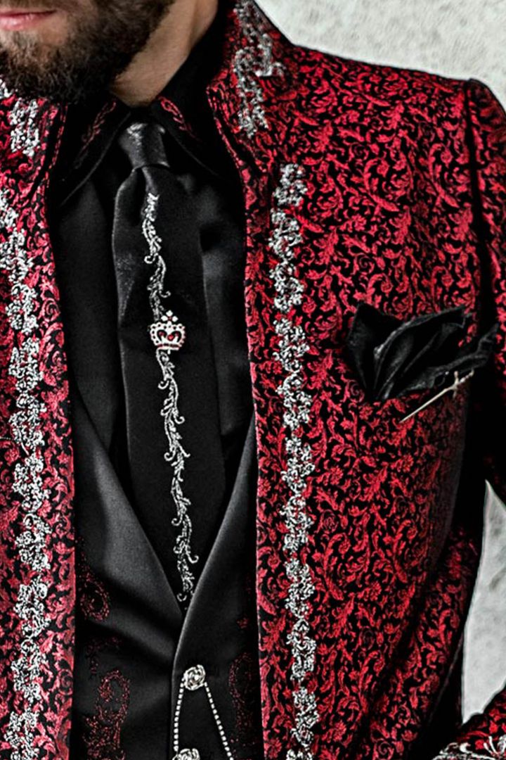 Red brocade italian groom suit with black silver gothic embroidery
