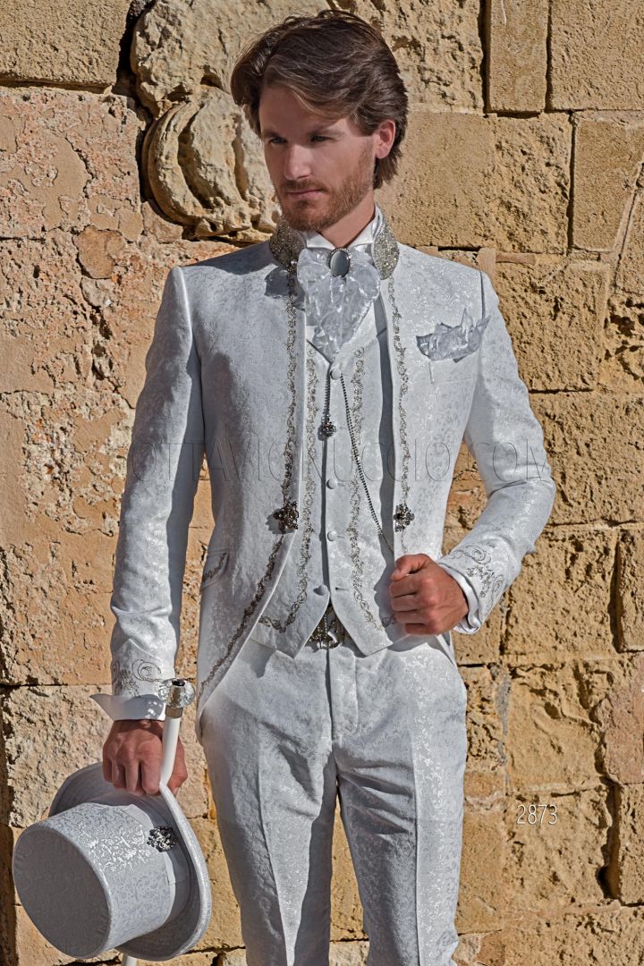 White brocade baroque frock coat with silver embroidery for groom ...