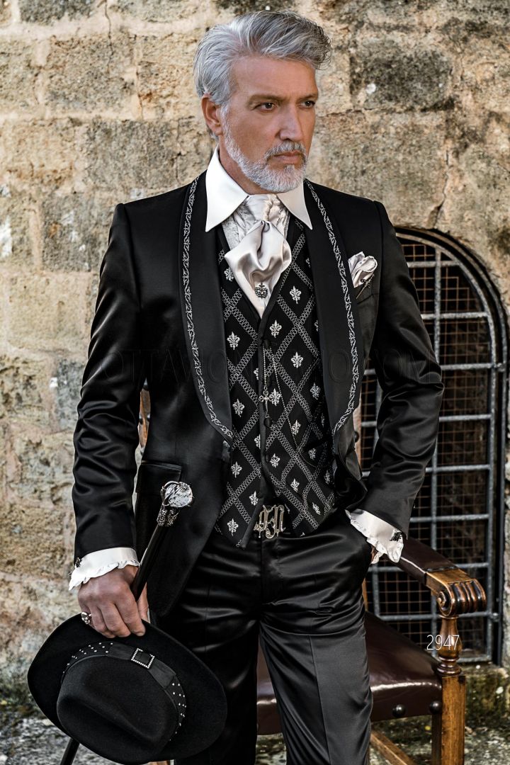 Black gothic fashion slim fit tuxedo suit with silver embroidered shawl ...