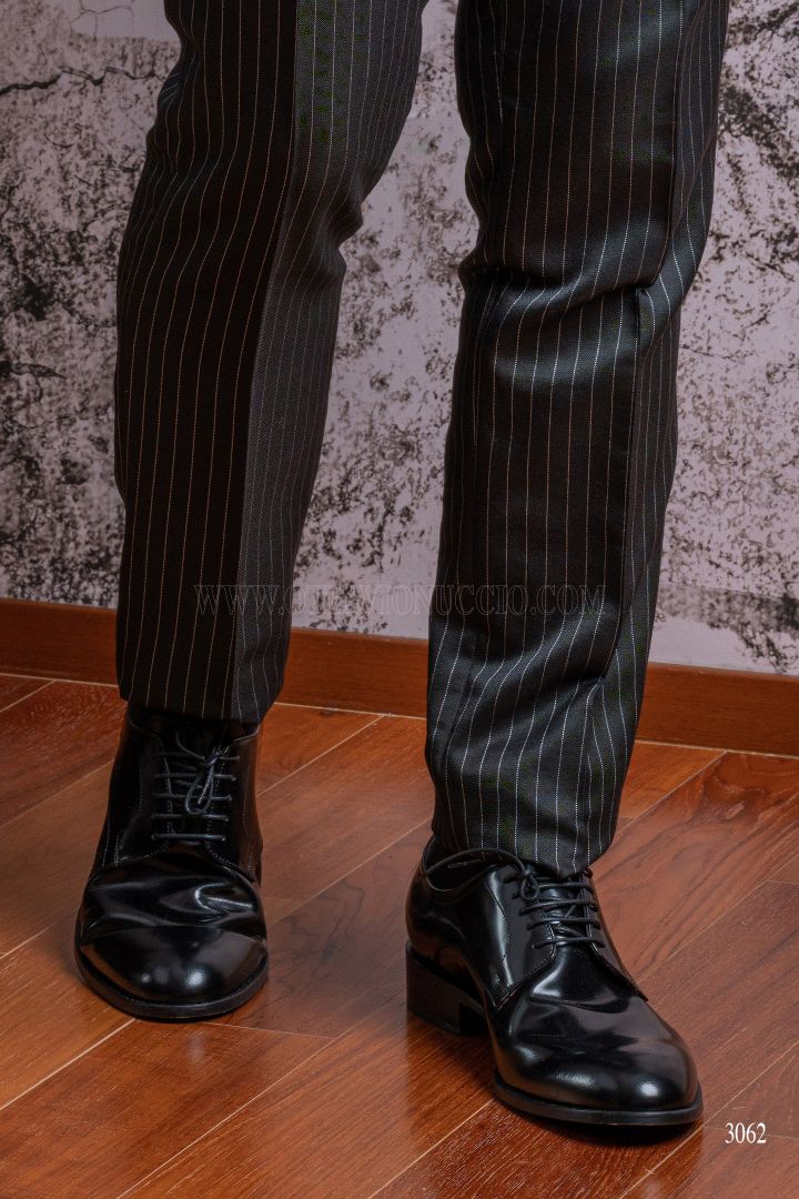 black pinstripe suit brown shoes