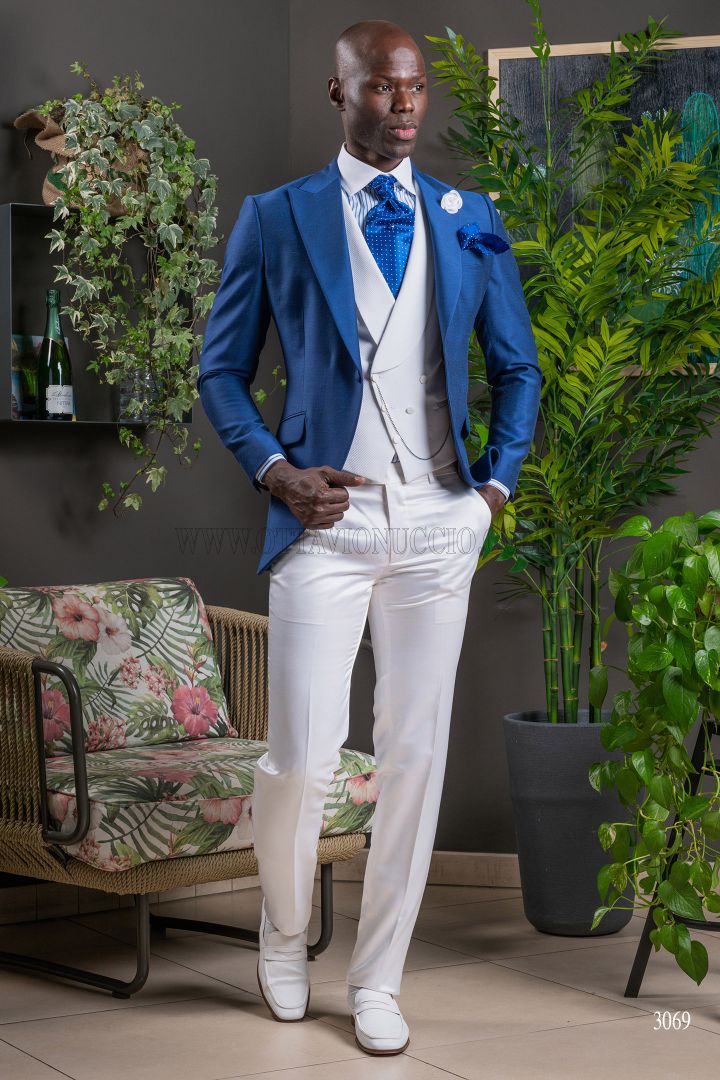 Designer Business Blue White Checked Suit Jacket Vest Trousers Pants Slim  Fit | eBay