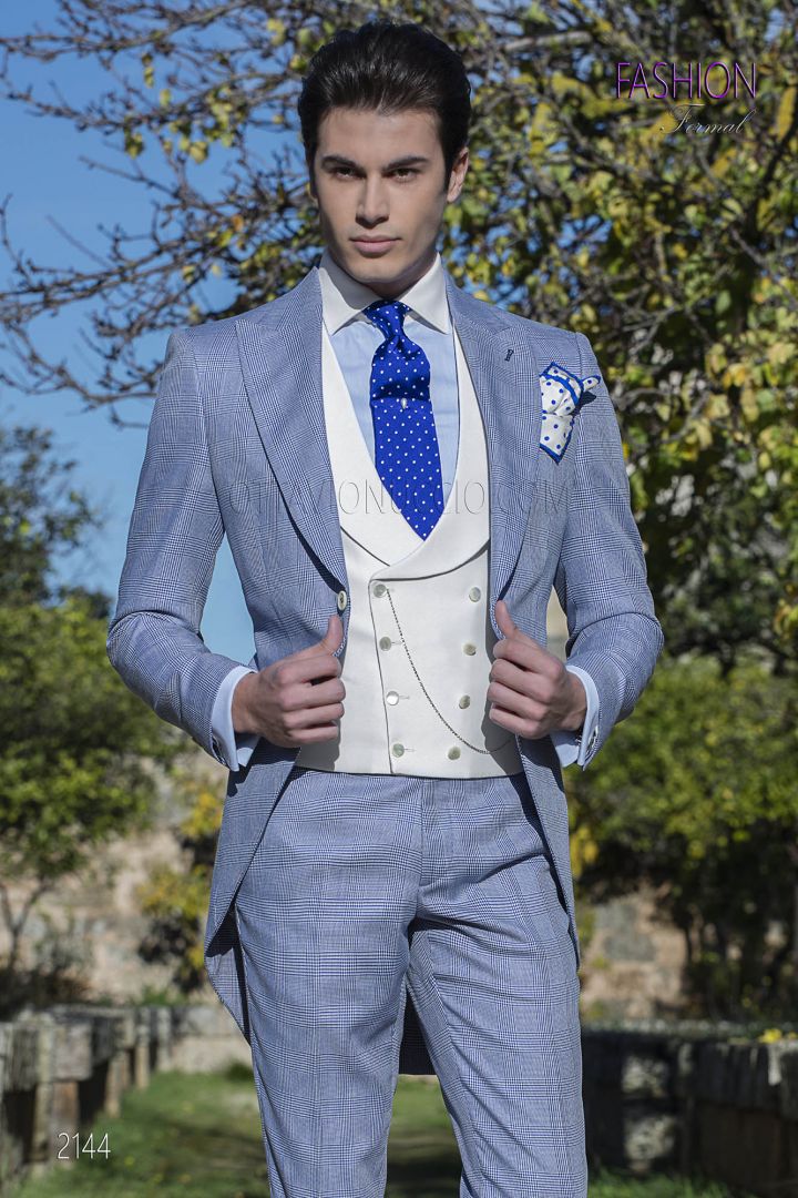 Morning suit in blue Prince of Wales fabric with white vest - Ottavio ...